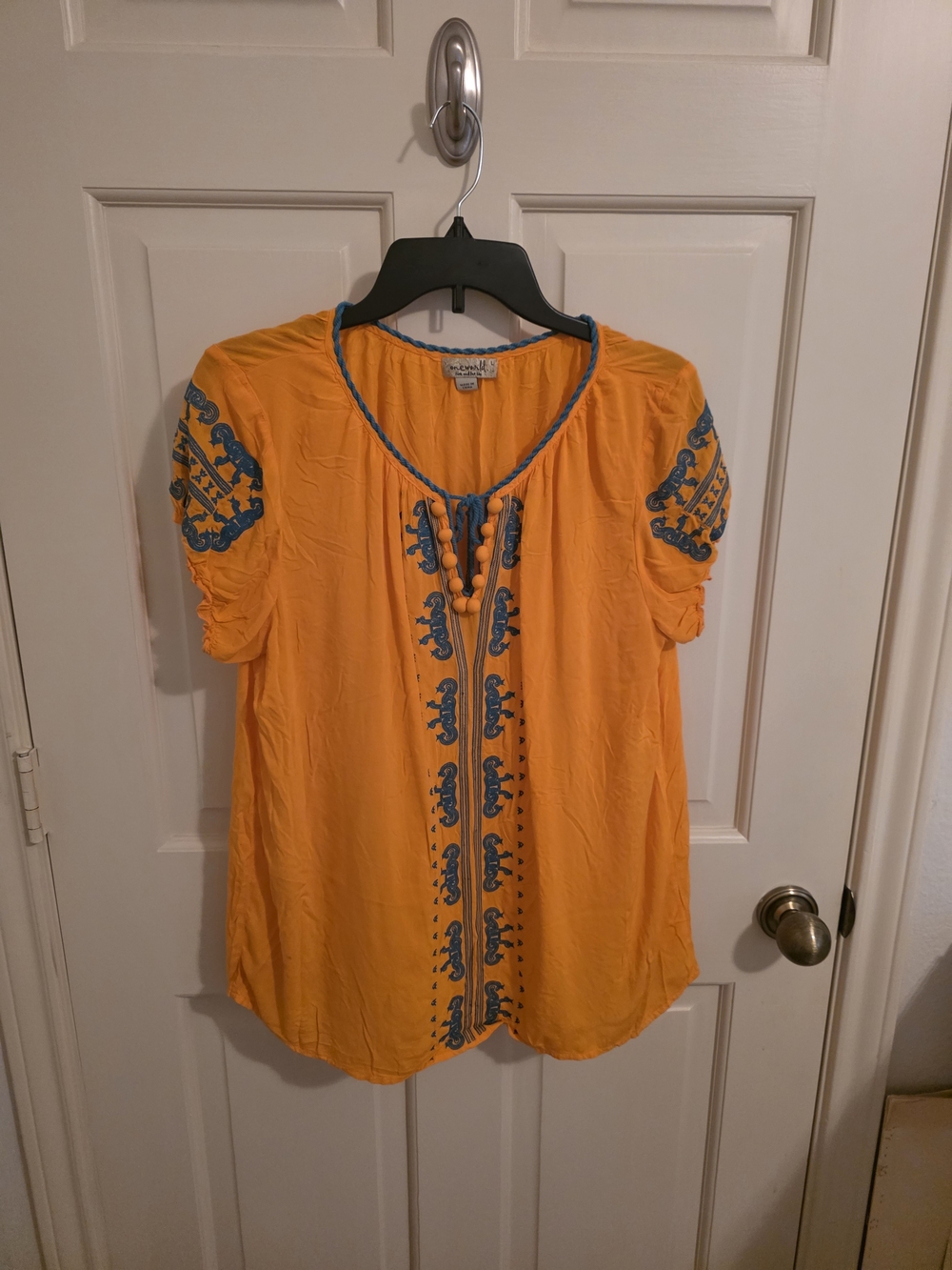 One World Live & Let Embroidered Orange Peasant Top with Bead Tie